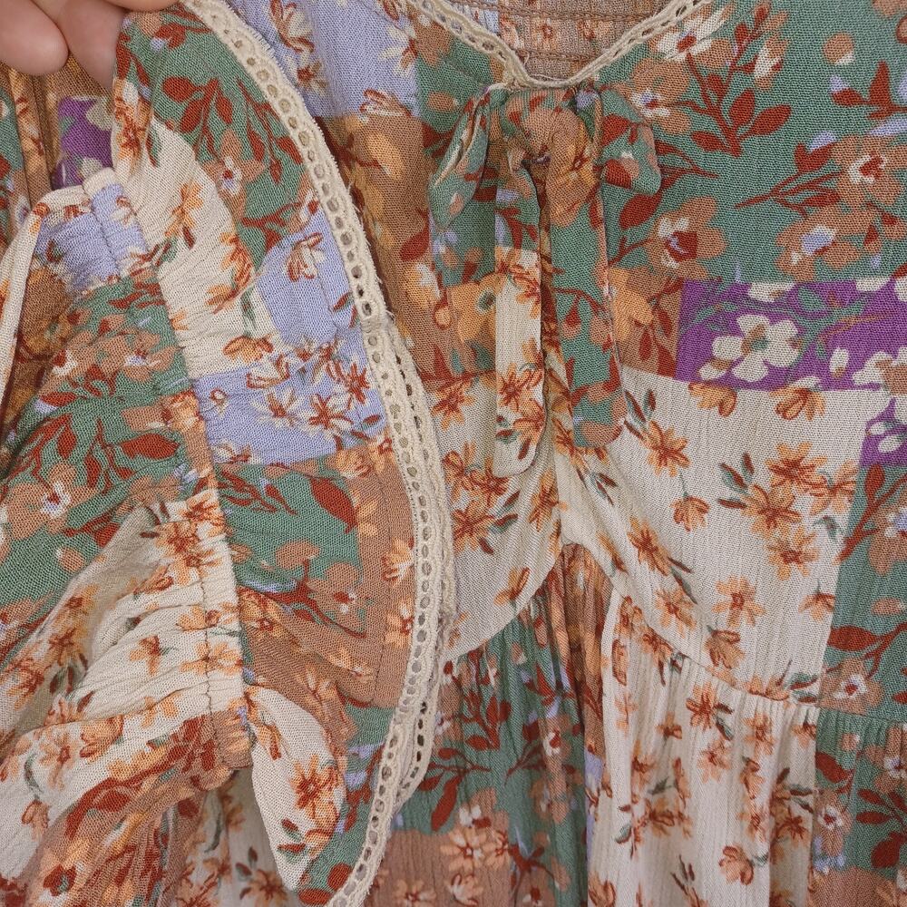 Cato Floral Patchwork Babydoll Boho Top L Milkmaid Smocked Cottagecore Peasant - Picture 5 of 11